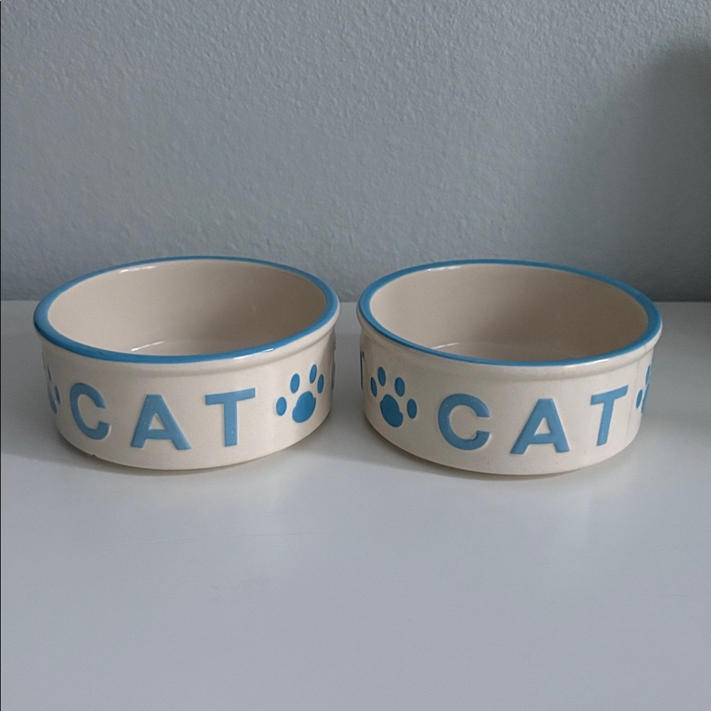 Whisker City Cream and Blue Cat Food or Water Bowls (2)